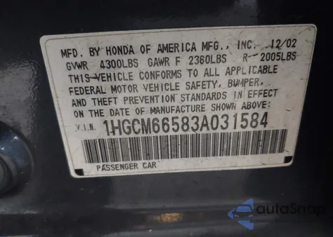 2003 Honda Accord 3.0 Ex z USA, uszkodzony, nr VIN 1HGCM66583A031584